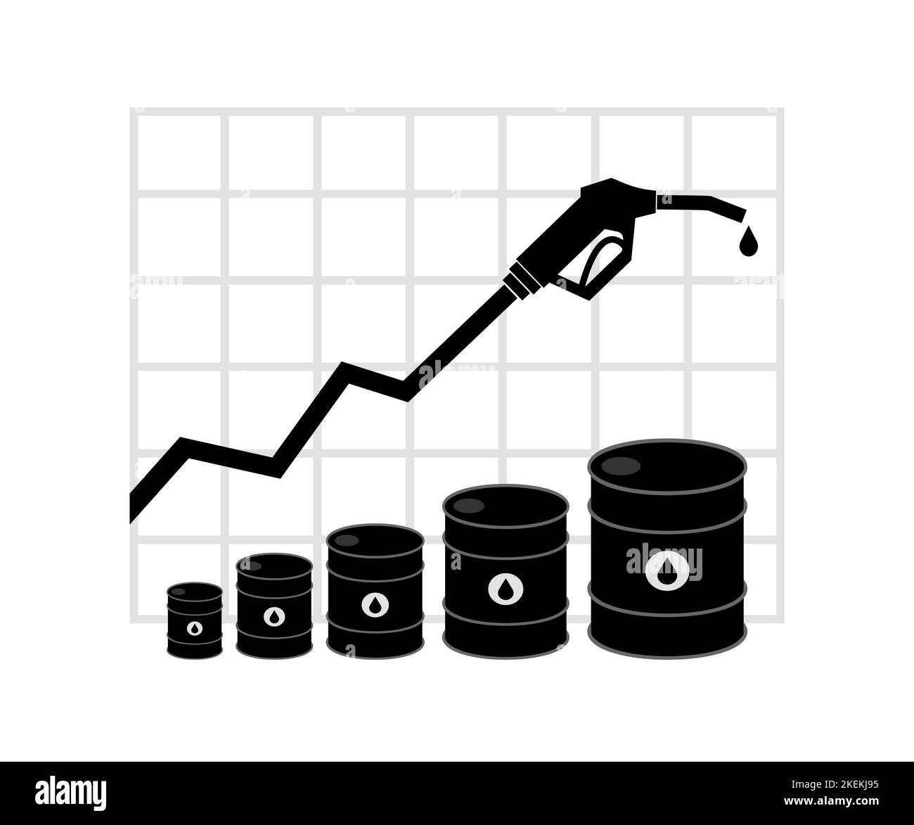 Tabelle mit steigenden Kraftstoffpreisen. Benzinpistole, Ölfässer, Diagramm. Stock Vektor