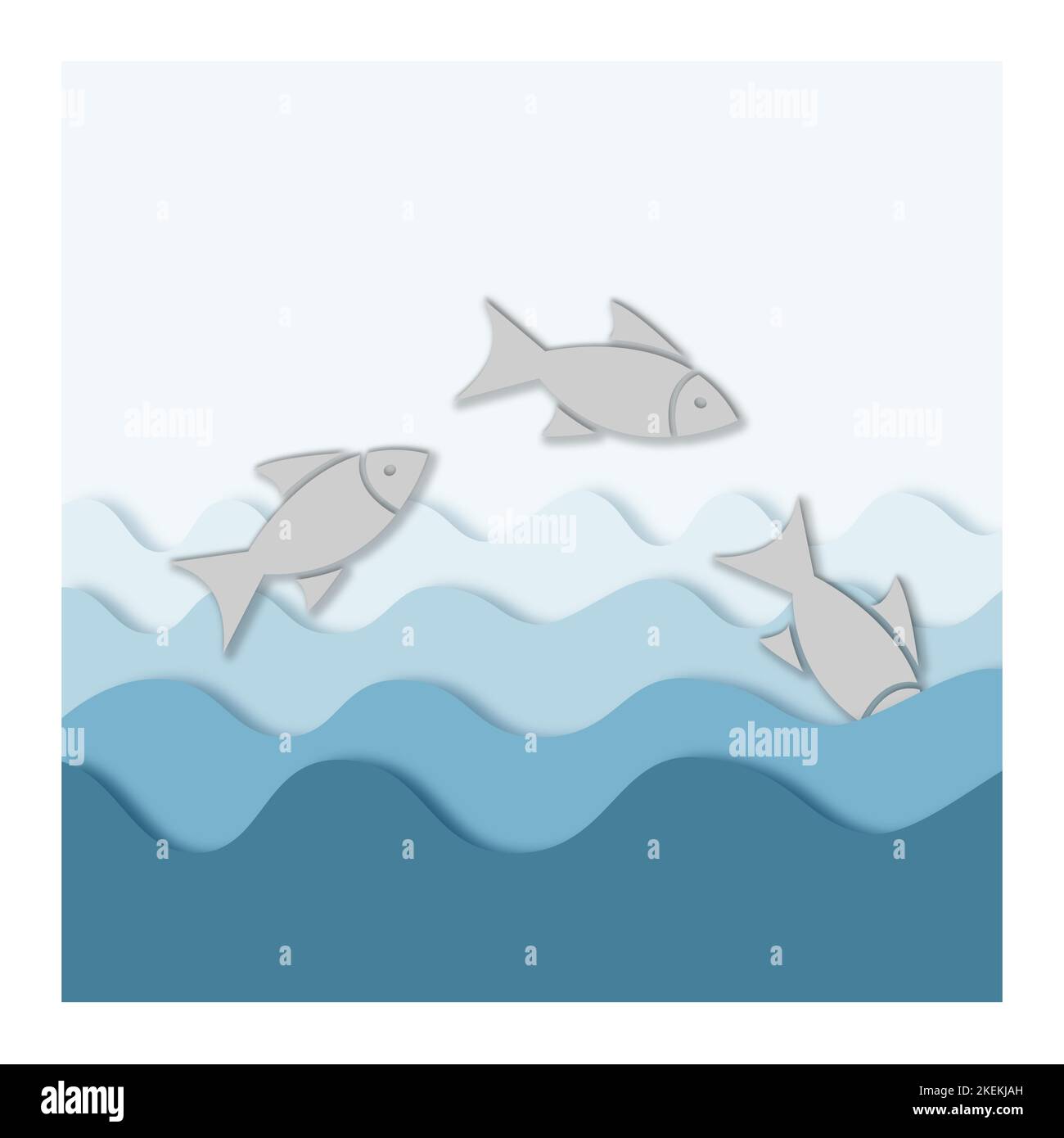 Fische springen in Wellen. Papier geschnitten Stil Meer Illustration. Stock Vektor