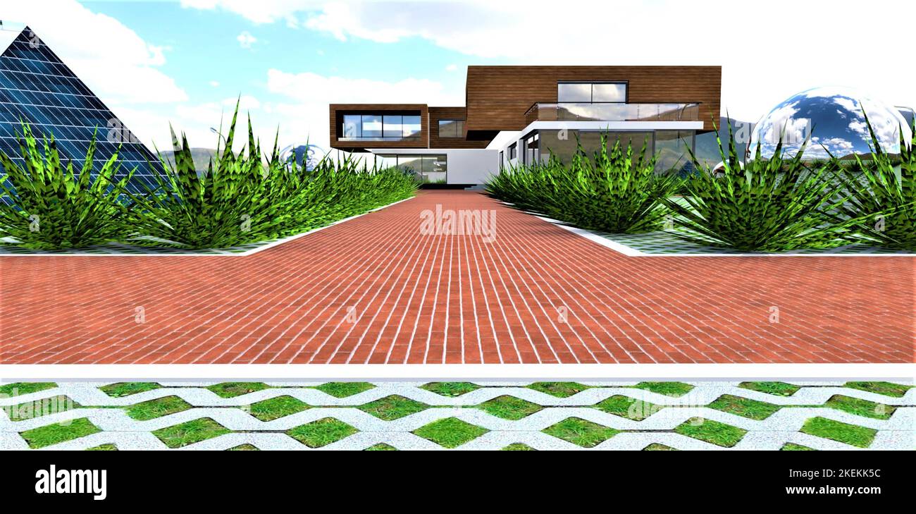 Fußbodengestaltung des modernen Innenhofs des Hauses. Rasen und rotes Ziegelsteinpflaster durch weiße Bordsteinkante geteilt. 3D Rendern. Stockfoto
