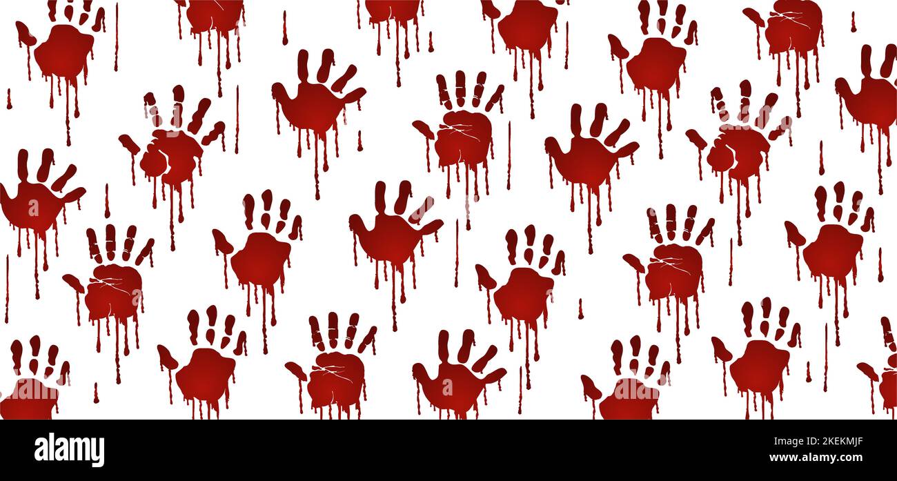 Handprint. Roter, blutiger Handdruck. Tot, Blut, Horror und schmutzige rote Handfläche für halloween-Party. Vector Red Hand Tag. Gruselige Elemente mit Flecken, Spritze Stockfoto