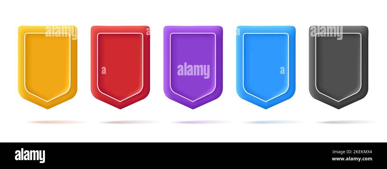 3D Render Shields Icon Set, leere Sicherheitsform, isoliert in verschiedenen Farben Stock Vektor