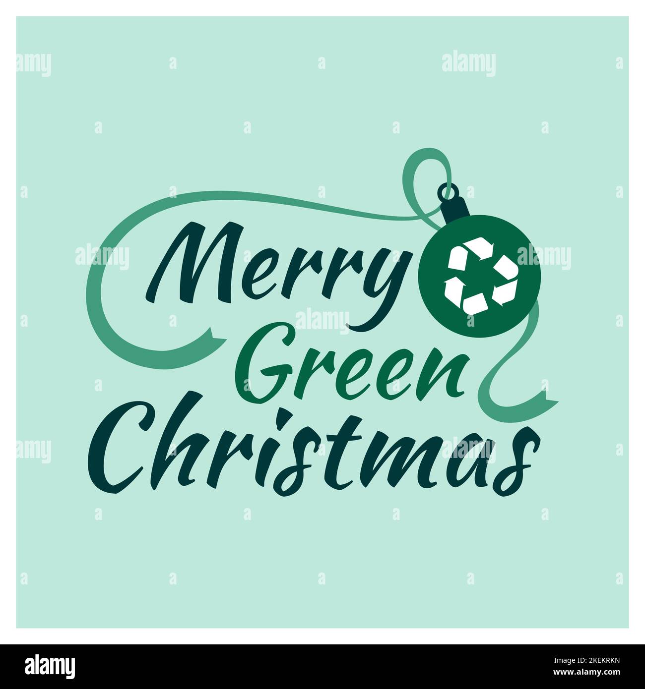 Frohe grüne Weihnachtswünsche mit Recycling-Ikone und dekorativem Weihnachtsball, Ökologie und Nachhaltigkeitskonzept Stock Vektor
