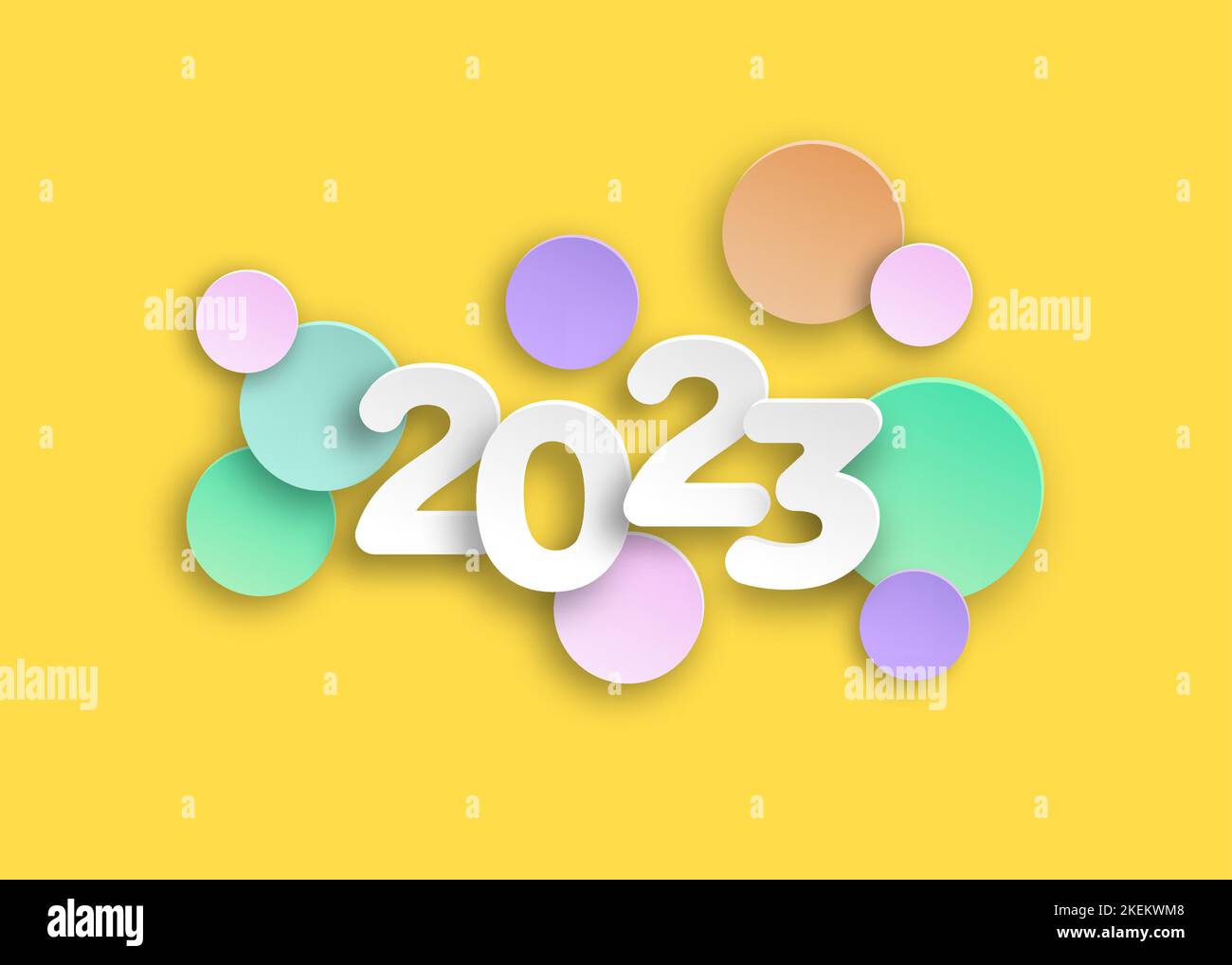 Neues Jahr 2023 Papier schneiden Zahlen in zarten Farben. Dekorative Grußkarte 2023 Frohes neues Jahr. Buntes Weihnachtsbanner, gelber Hintergrund Stock Vektor