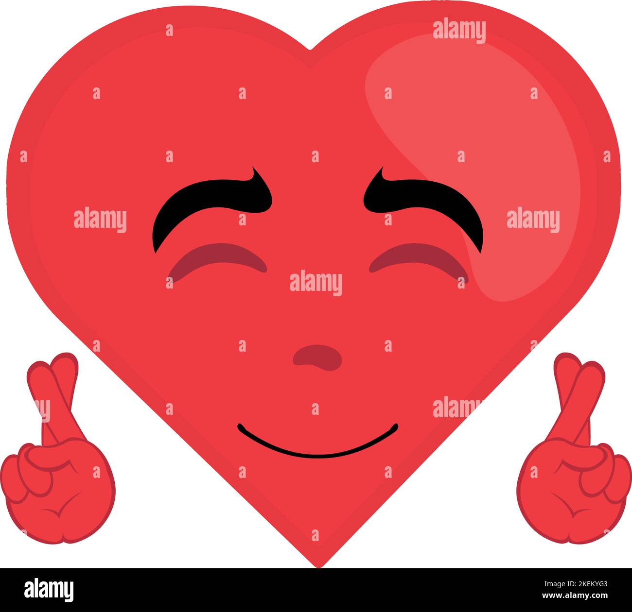 vektor-Illustration der Zeichentrickfigur eines Herzens mit einem fröhlichen Ausdruck, Überqueren der Finger der Hände, im Konzept der nach einem Wunsch oder fragen Stock Vektor