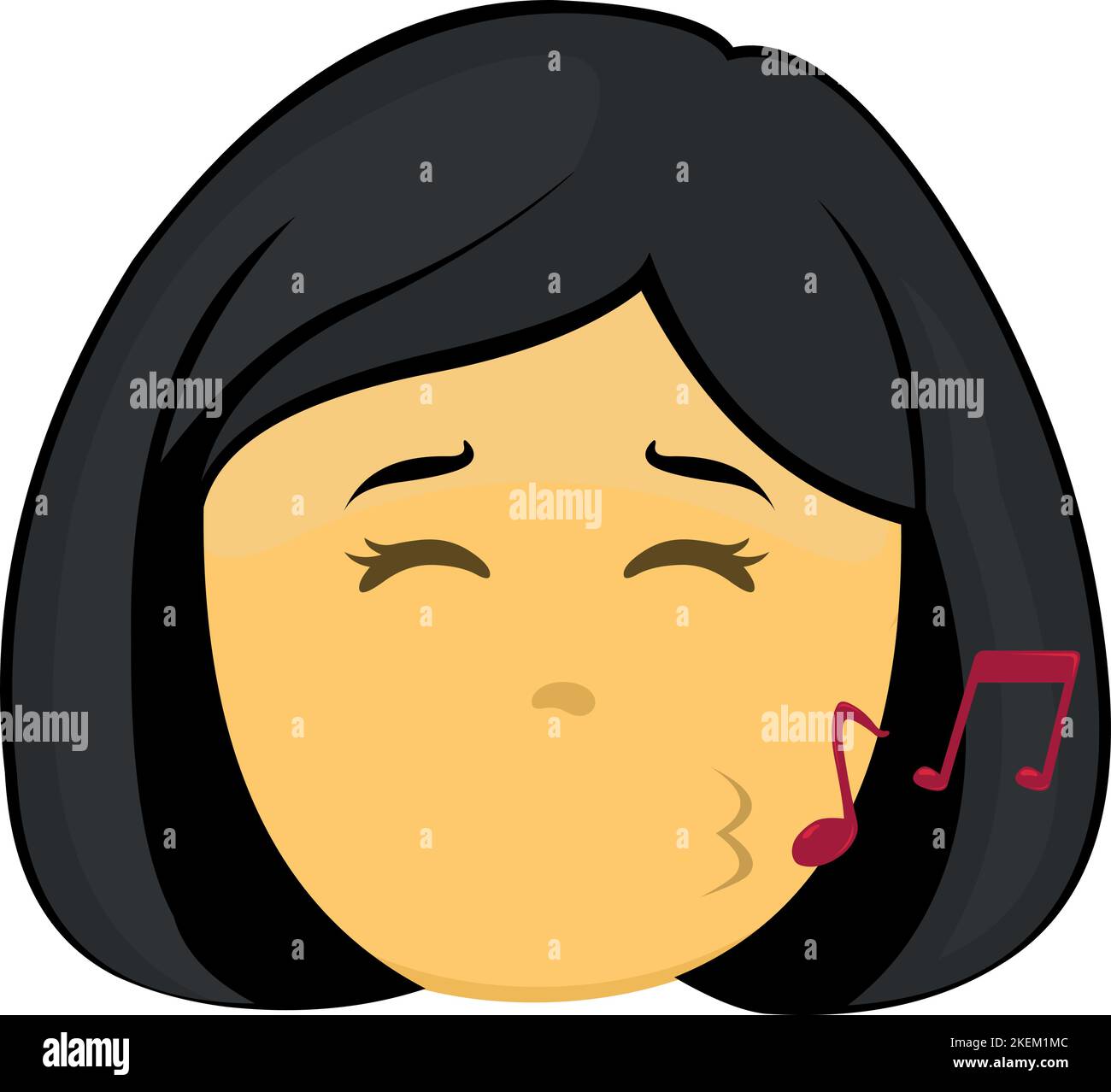 Vektor-Emoji-Illustration einer gelben Cartoon-Frau, die mit Noten pfeift Stock Vektor