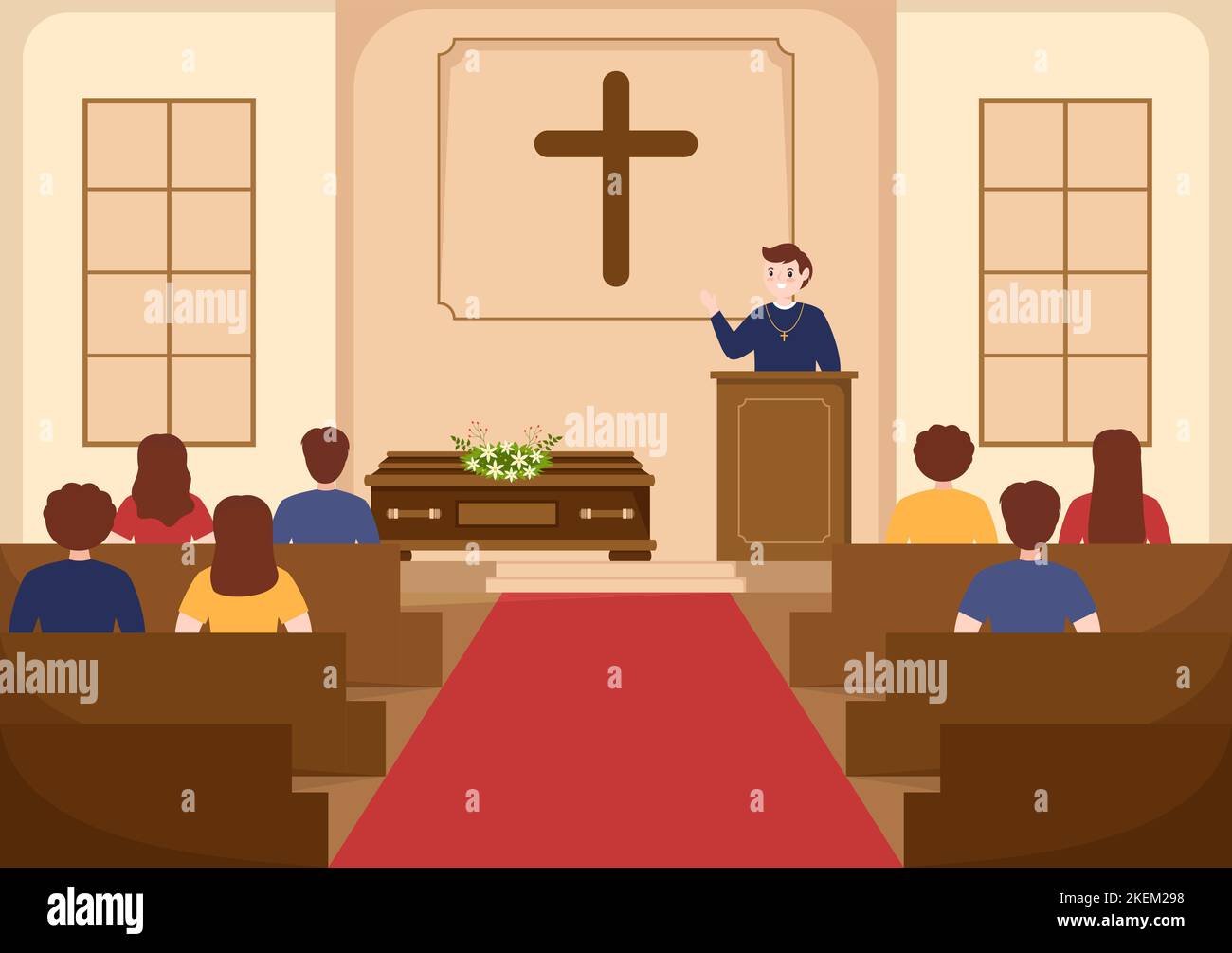 Pastor gibt eine Predigt von Gott in Soutane an einer katholischen Kirche von Pulpit und Taufe in flachen Cartoon Handgezeichnete Vorlagen Illustration Stock Vektor