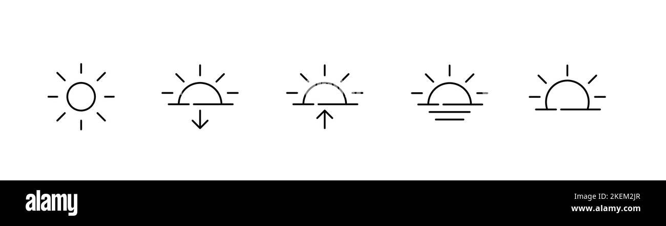 5 Wetterprognosesymbole. Die Sonne geht unter, geht auf und scheint. Pixel-perfekte, bearbeitbare Kontursymbole Stock Vektor
