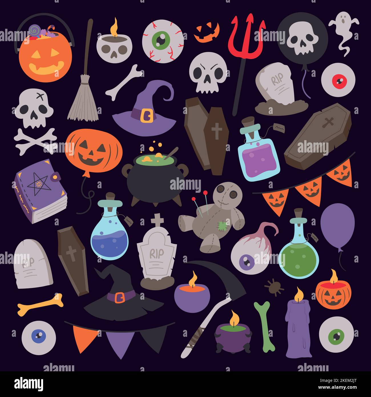 Halloween-Feier und Hexerei verwandte Objekte. Sammlung von handgezeichneten, Vektor-Cartoon-Illustrationen. Stock Vektor