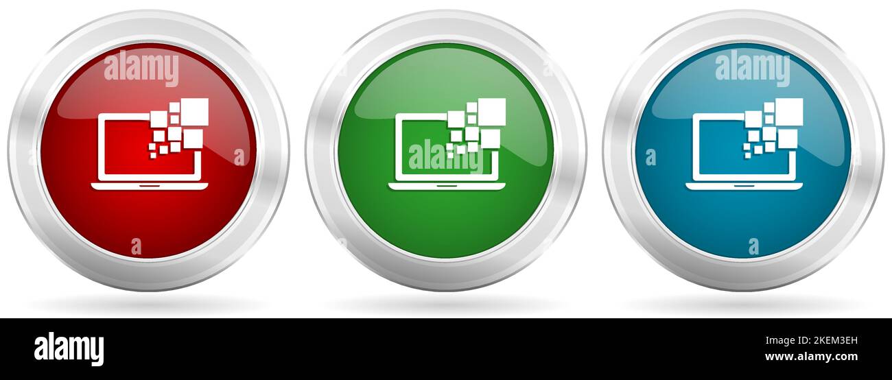 Notebook, Notebook, Computer Vektor-Symbolsatz. Rote, blaue und grüne silberne Metallic-Web-Knöpfe mit Chromrand Stock Vektor