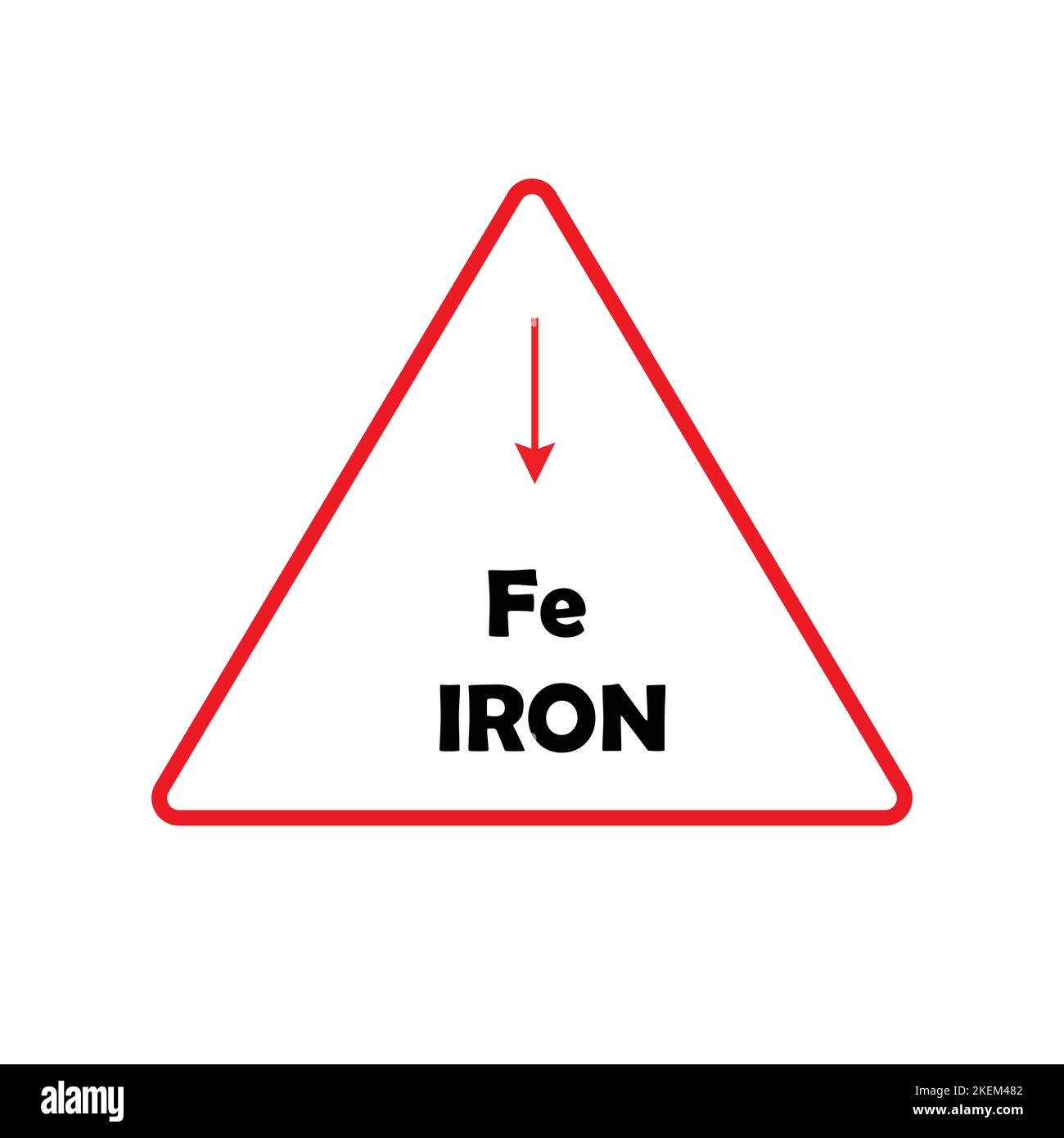 Rotes Dreieck mit Text Eisen und Eisen-Atom-Symbol und mit einem roten Pfeil nach unten, Eisenmangelkonzept Stock Vektor