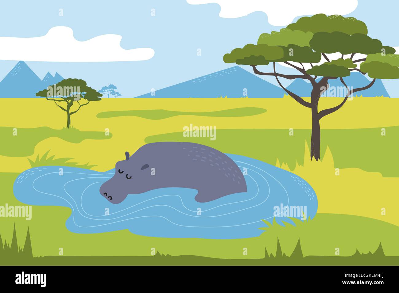 Hippo in der Savanne. Nilpferd beim Schwimmen im See. Wilde Tiere Afrikas. Cartoon-Vektor-Landschaft Stock Vektor