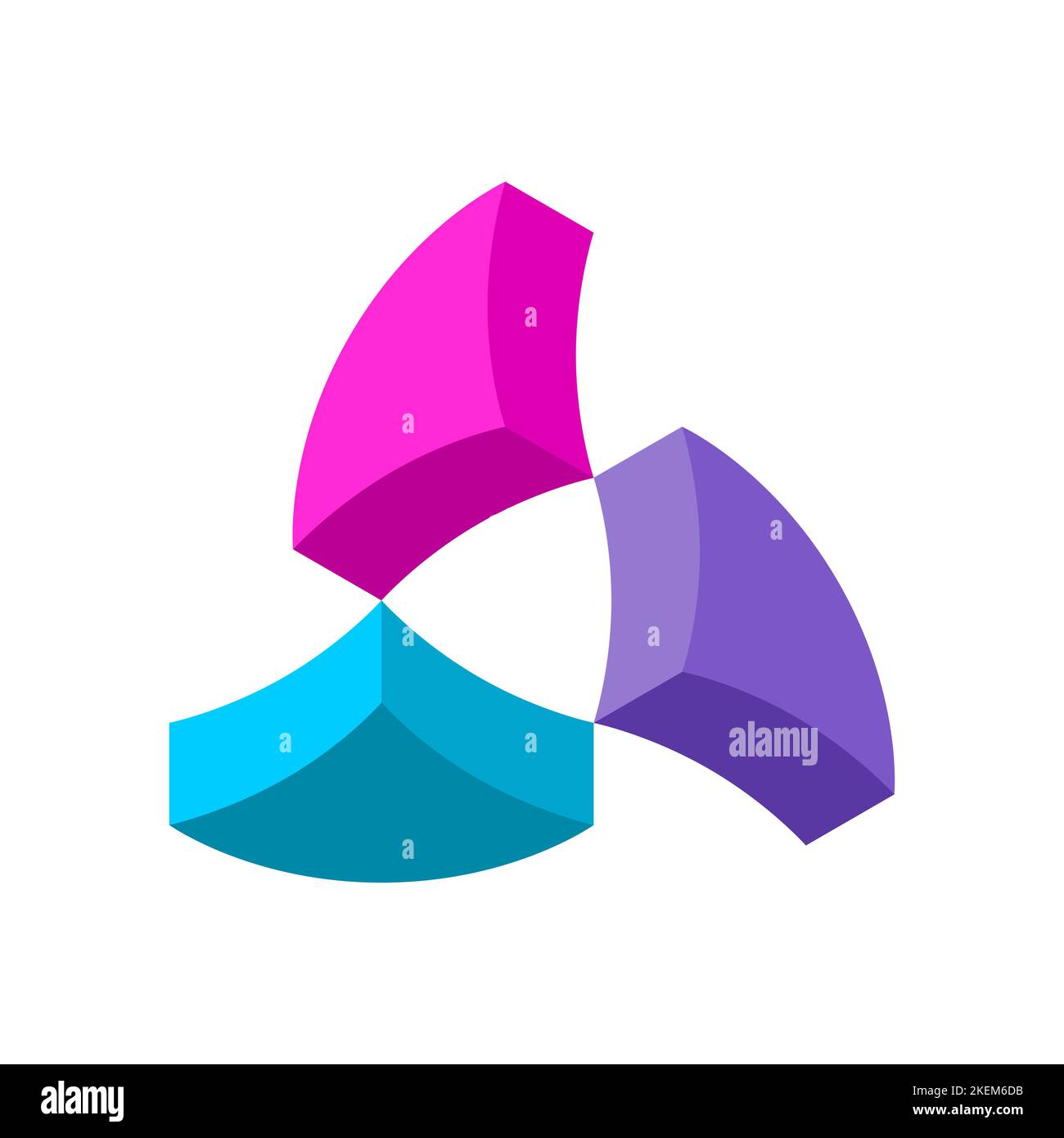 Bunte 3D Logo Design Vorlage. Viertel eines Kreises bilden eine dreieckige Bewegungsform. Drei Propeller-ähnliche Objekte rotieren. Vektorgrafik Stock Vektor