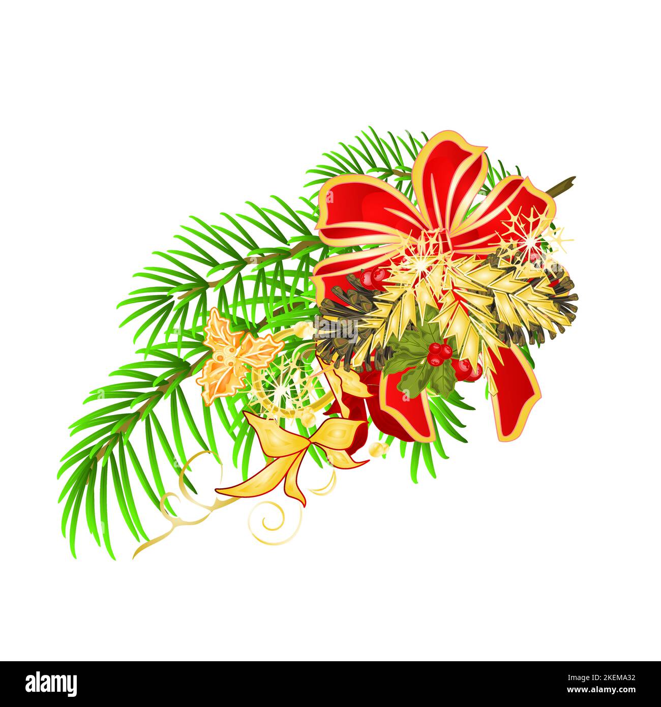 Weihnachten und Neujahr dekorative weihnachten Fichte Baum Bogen festliche Weihnachtsstern und Bogen und Kiefer Kegel Urlaub Bild für Design vintage Vektor illust Stock Vektor