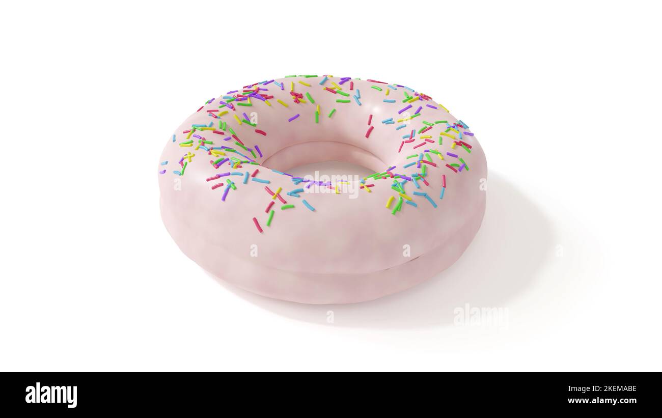 Glasierte Donut mit weißen Creme und farbigen Streuseln isoliert auf weißem Hintergrund. Niedliche, bunte und glänzende Donuts mit weißer Glasur und mehrfarbigem Finish Stockfoto