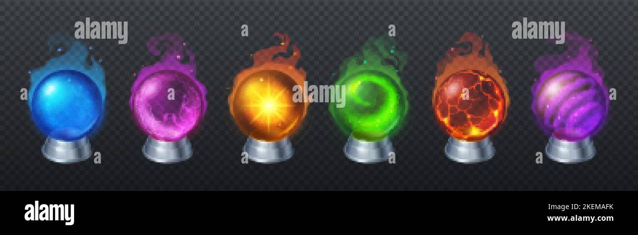 Magische Kristallkugeln, Wahrsagerkugeln, orakel und halloween Zauberer Glaskugeln. Glühende Kugeln mit magischen Lichtern und geheimnisvollen Leuchten isoliert auf t Stock Vektor