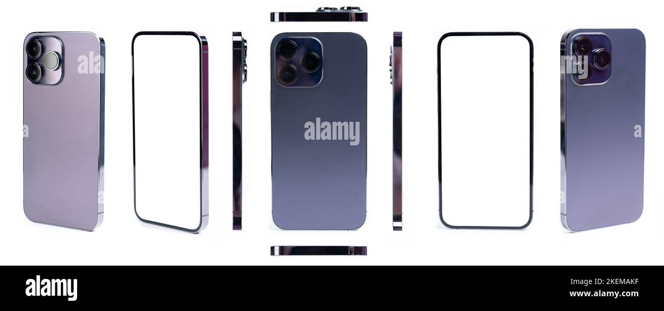 Verschiedene Ansichten vorne, hinten, Seite, oben, isometrisch von modernen lila Smartphone mit Dreifach-Kamera-Set isoliert auf weißem Studio-Hintergrund Stockfoto