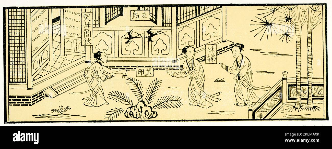 Das Bild von 1910 zeigt: „Eine Song-Dynastie [960-1279] findet ein Schwalbenei. Holzschnitt aus dem Buch der berühmten Frauen.“ Stockfoto
