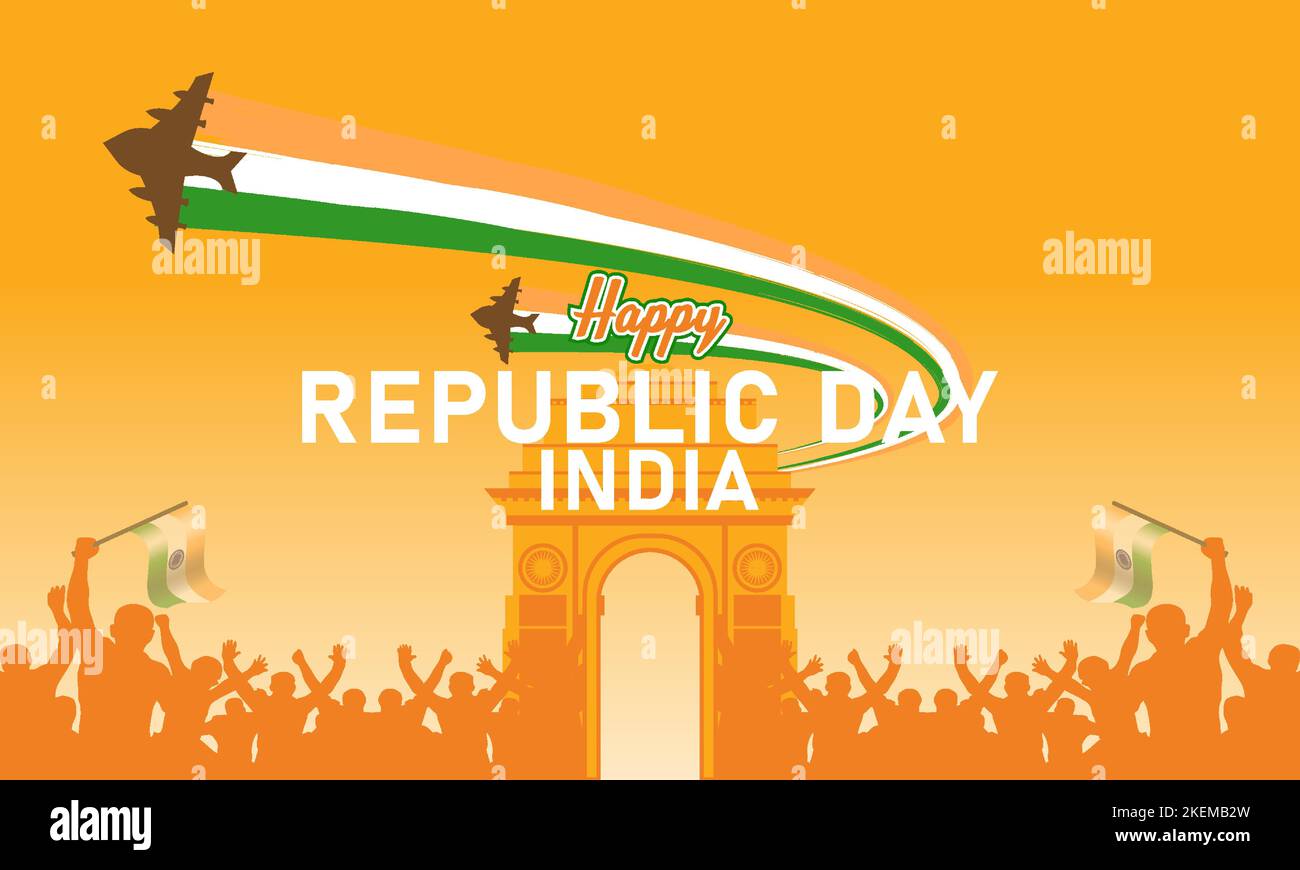 Republic Day Celebration Poster Illustration, mit Kampfjet Illustration und indischen Flaggen Farben gewellt gegen gelbliche Dämmerung Himmel Hintergrund, cro Stock Vektor
