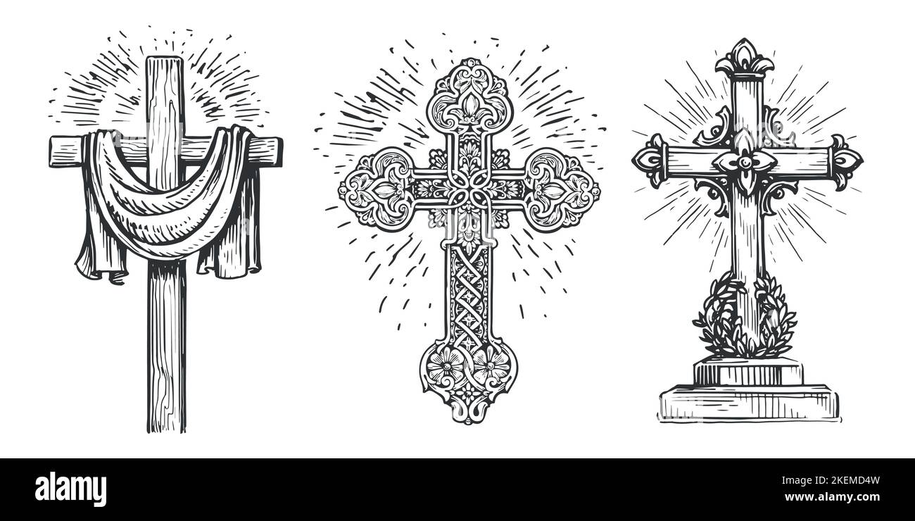 Kreuz Symbol des Glaubens an Gott. Biblisches Zeichen. Katholizismus, christentum religiöse Elemente. Vintage-Vektorgrafik Stock Vektor