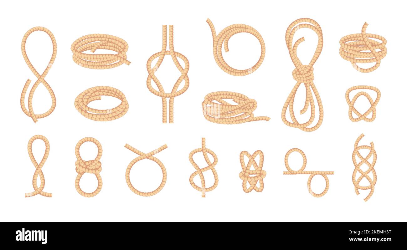 Verknotete Seile. Geloopt Bowknot verdreht Kurve gerade Faser Faden, geflochtene Kordel Knoten String Krawatte Elemente Cartoon flachen Stil. Vektor isolierte Sammlung von bowknot Jute Textur Illustration Stock Vektor