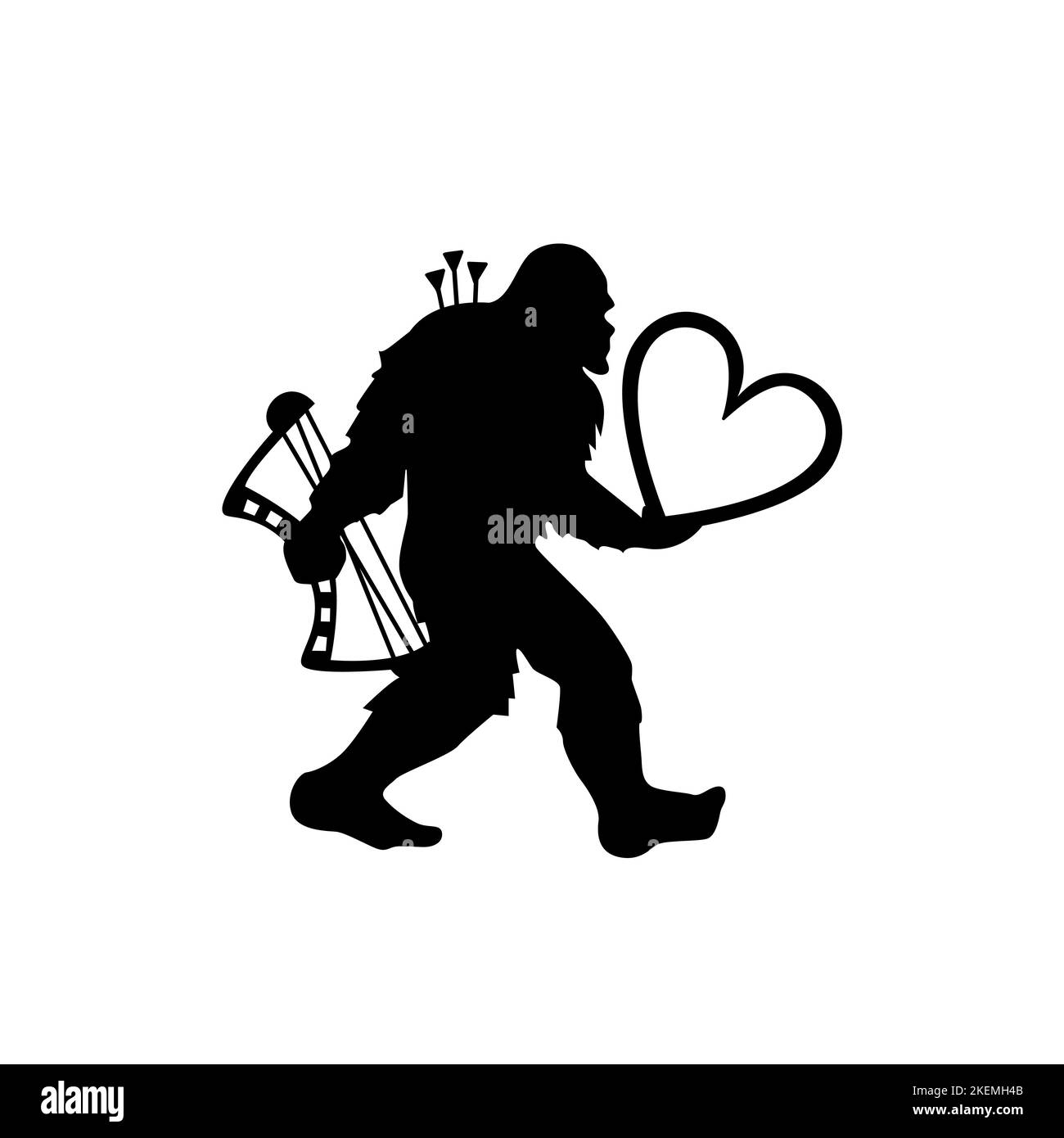 Bigfoot mit Herz, Bogen und Pfeilen. Valentinstag Yeti Silhouette. T-Shirt-Design. Vektorgrafik. Stock Vektor