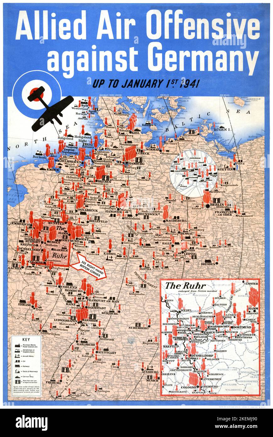 Offensive der Alliierten Luftfahrt gegen Deutschland bis zum 1.. Januar 1941. Poster wurde 1941 in Großbritannien veröffentlicht. Stockfoto