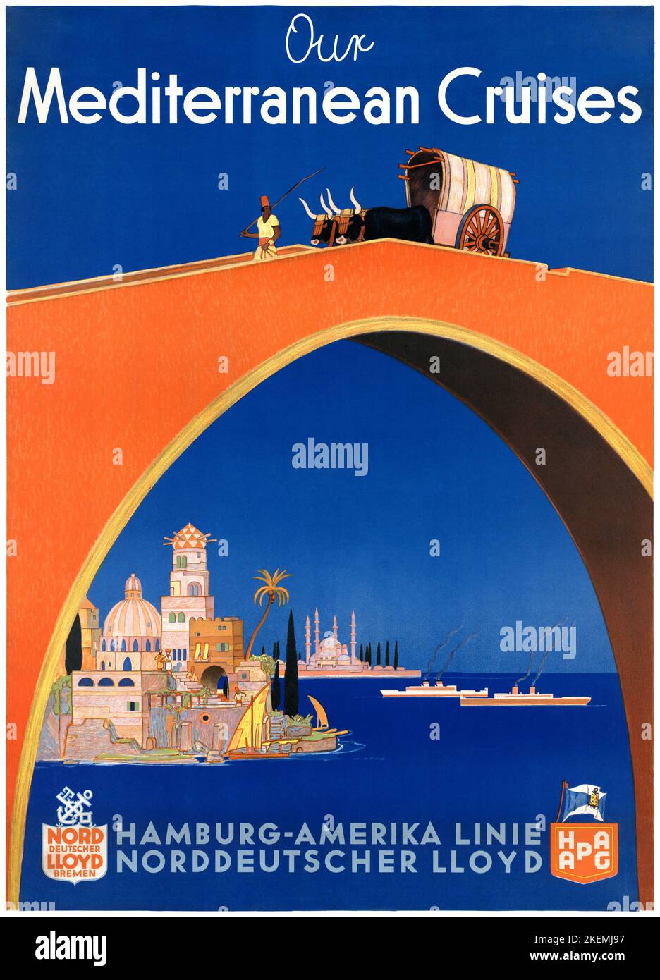 Unsere mediterranen Kreuzfahrten mit Albert Fuss (1889-1969). Poster 1930 in Deutschland veröffentlicht. Stockfoto