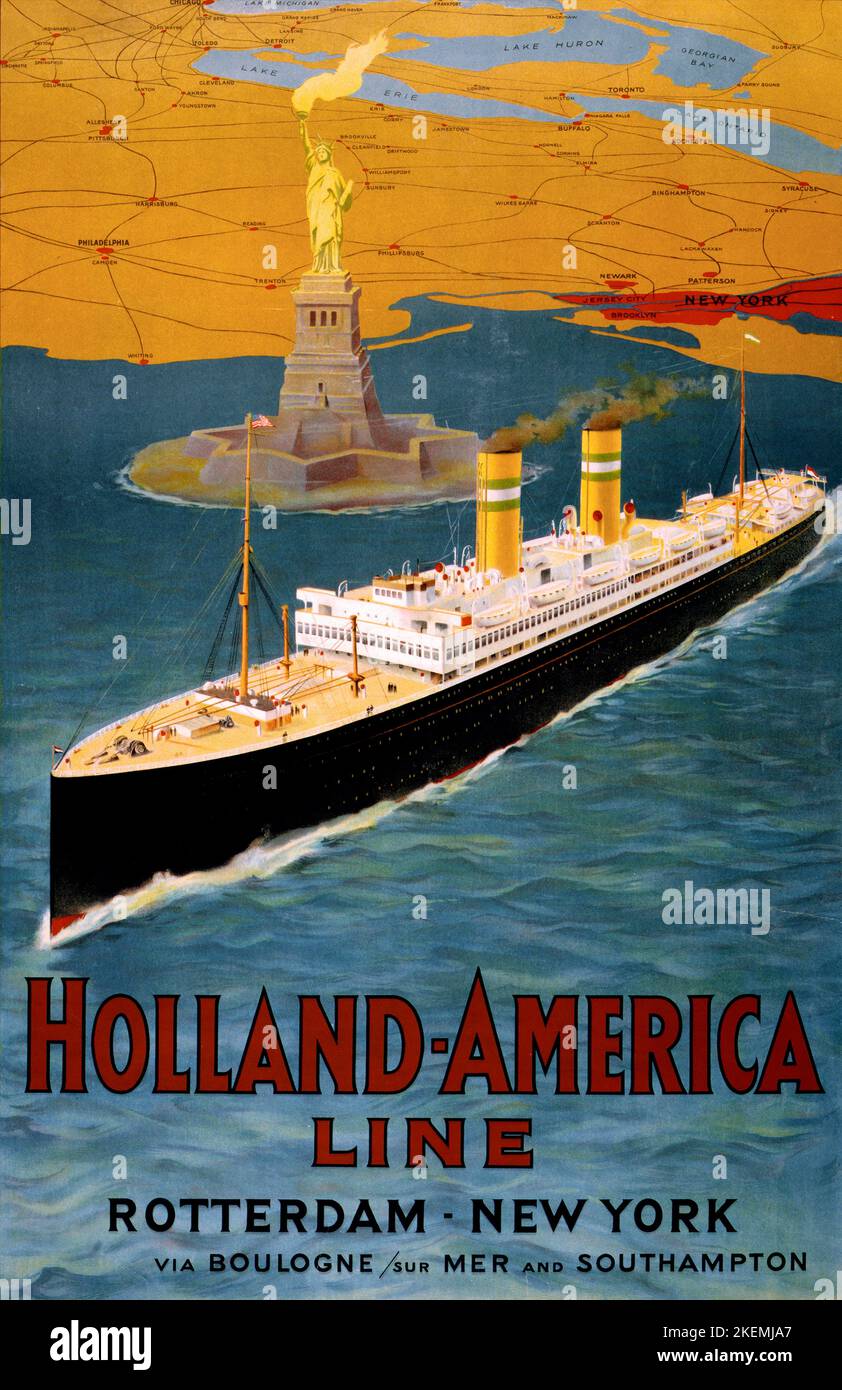 Holland-America Line. Rotterdam-New York über Boulogne/sur mer und Southampton. Künstler unbekannt. Plakat veröffentlicht im Jahr 1923 in den Niederlanden. Stockfoto