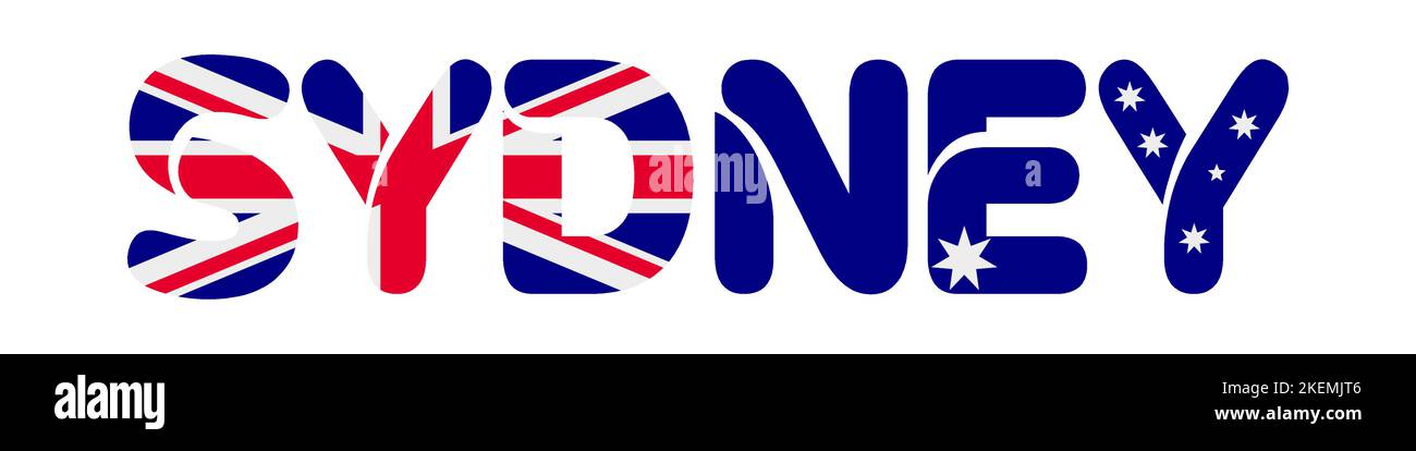 Schriftzug der Flagge von Sydney und Australien. Flache Vektorgrafik isoliert auf dem Hintergrund. Stock Vektor