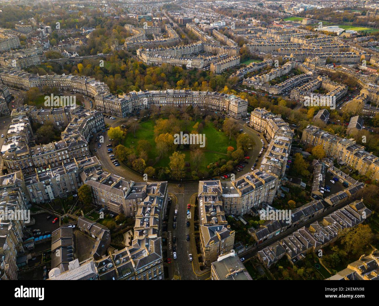 Luftaufnahme des Moray Place in Edinburgh New Town, ein UNESCO-Weltkulturerbe, Schottland, Großbritannien Stockfoto