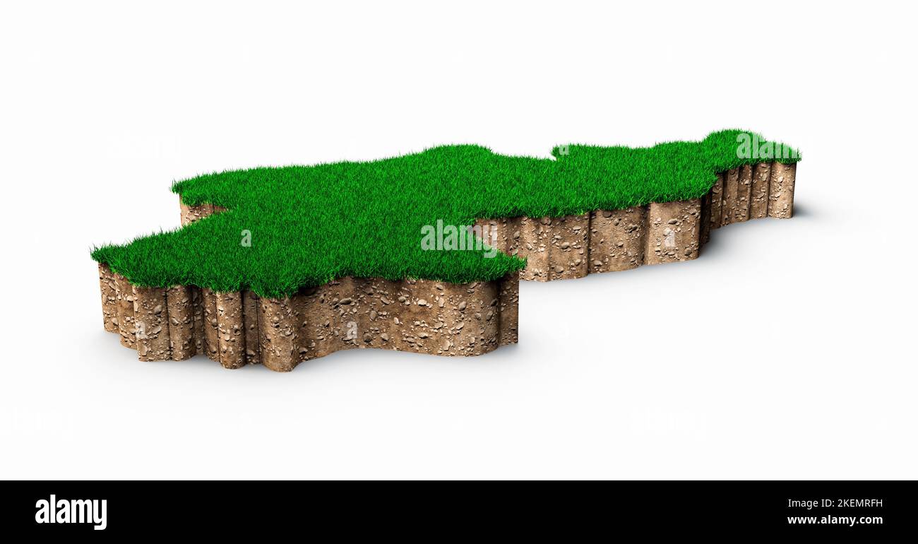 Eine darstellung einer geologischen Karte Nordkoreas aus dem jahr 3D mit grünem Gras und Gesteinsboden Stockfoto