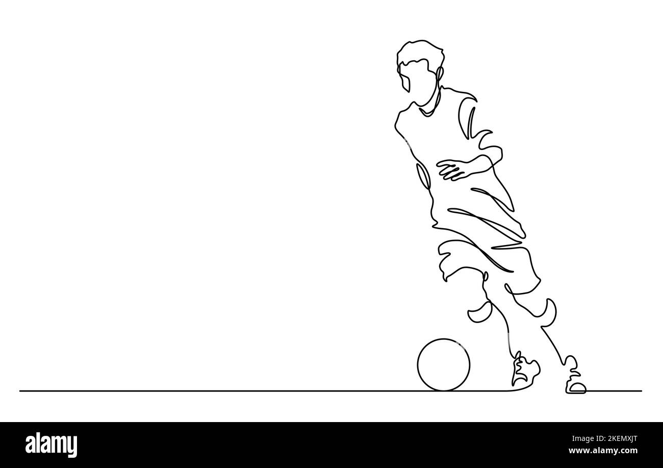 Mann spielt Fußball und Dribble Besitz Vektorgrafik. Fortlaufende Linienzeichnung Stock Vektor