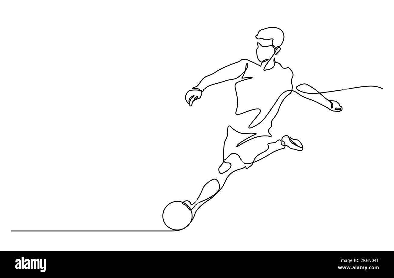 Eine Linie Zeichnung von Mann schießen Fußball Vektor Illustration für Werbung, Feier, Dokument, Anwendung, Website, Web, mobile App, Drucken, b Stock Vektor