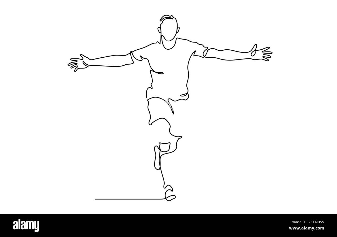 Kontinuierliche Linie Zeichnung des Glücks Mann läuft mit fröhlichen Vektor-Illustration. Fußballspieler, Läufer. Stock Vektor