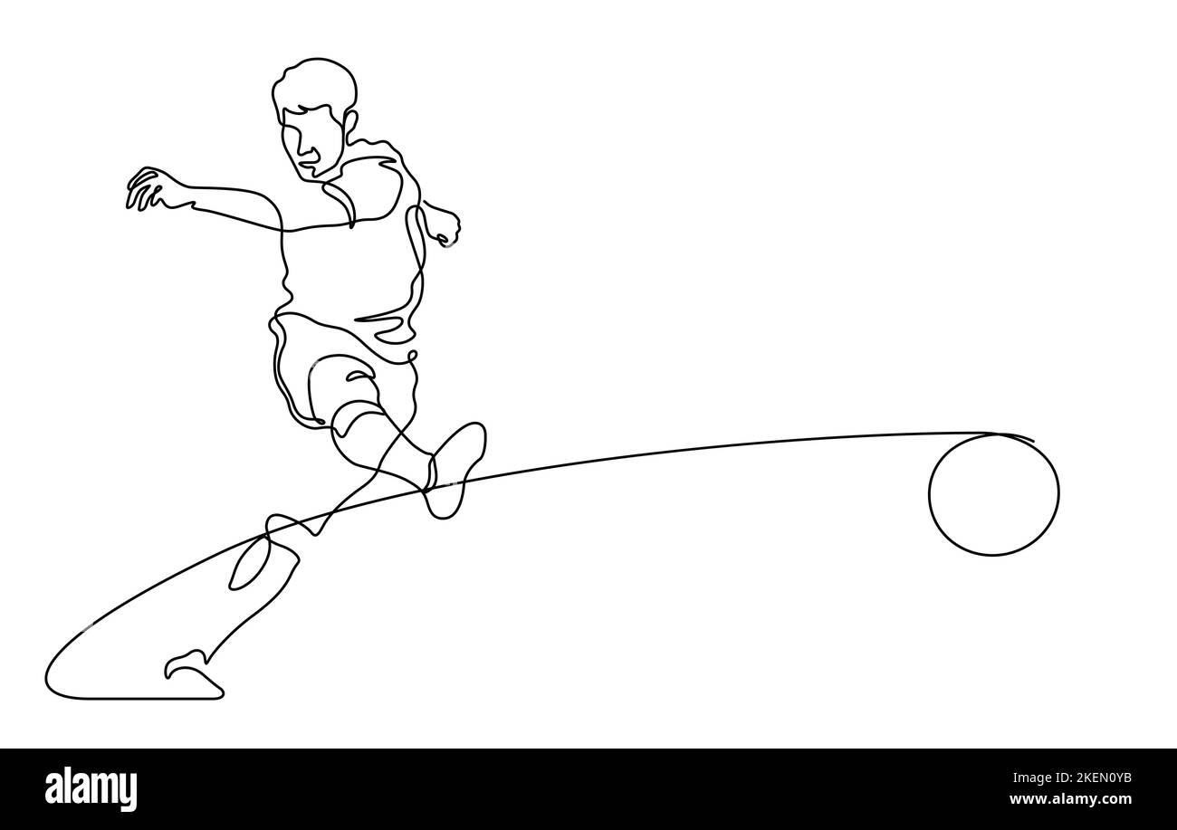 Fußballspieler tritt einen Ball als langer Pass, Schießen, Salvo für eine Torlinie Kunst Vektor Illustration. Durchgehende Linienzeichnung, isoliert auf weißem Hintergrund Stock Vektor