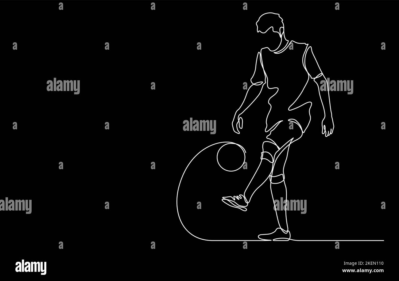 Mann jongliert einen Fußball spielen Fußball Linie Kunst Vektor Illustration. Fortlaufende Linienzeichnung auf schwarzem Hintergrund isoliert Stock Vektor