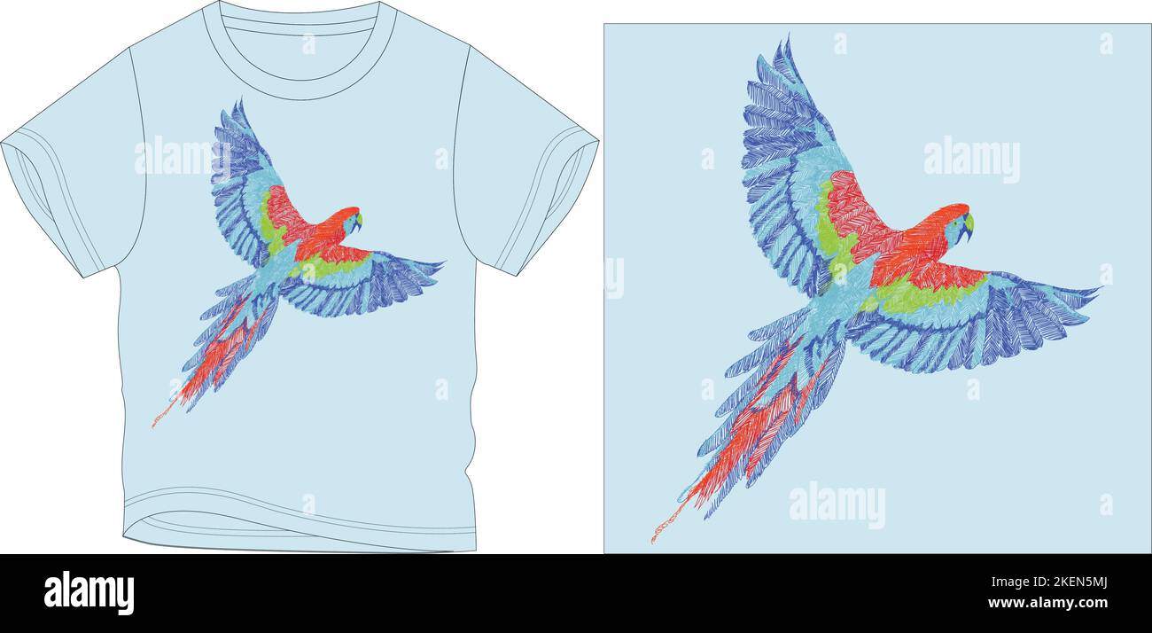 Papagei-T-Shirt Grafik-Design Vektor-Illustration digitaler Datei Siebdruck,Kinderbekleidung,Kindermode,Vektorkunst,Grafik-T-Shirt,T-Shirt,T-Shirt,T-Shirt Stock Vektor