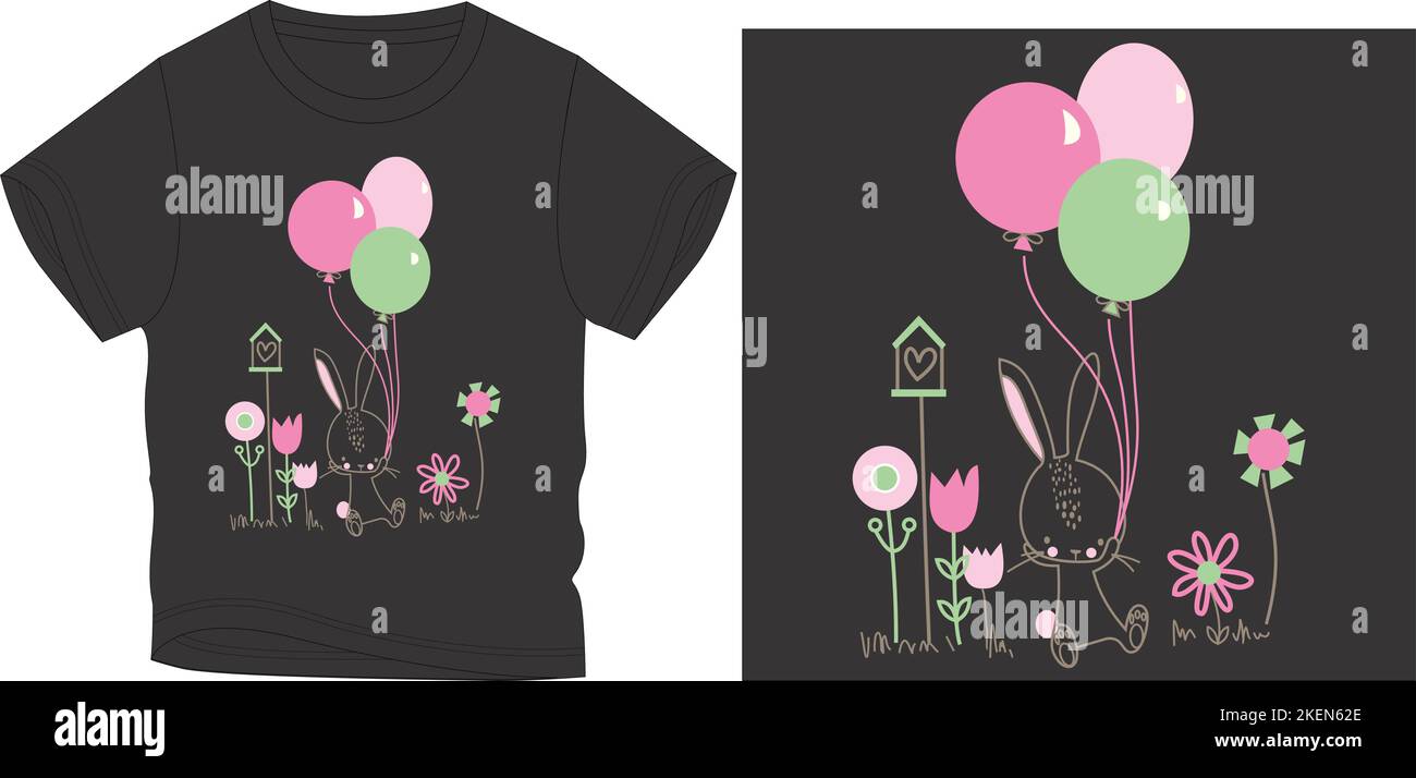 Kaninchen mit Ballons T-Shirt Grafikdesign Vektordarstellung digitale Datei Siebdruck, Kinderbekleidung, Kindermode, Vektor, Vektorkunst, grafische T-Shirts Stock Vektor