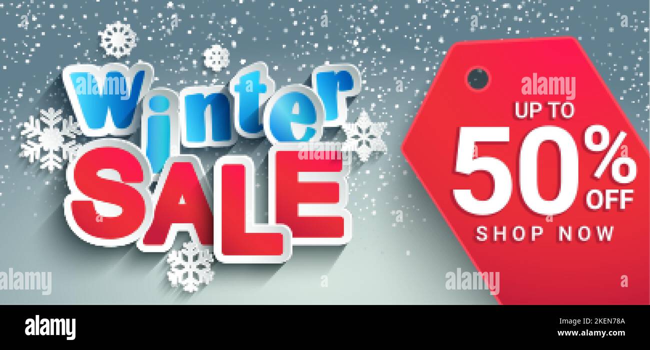 Winter Sale Banner mit Schneeflocken im Papierstil. Stock Vektor