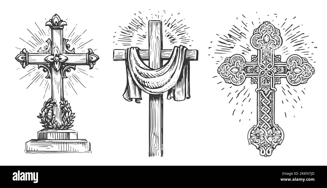 Darstellung der Kreuzskizze der Religion. Katholisches biblisches Symbol. Christliches Zeichen im Vintage-Gravurstil Stockfoto