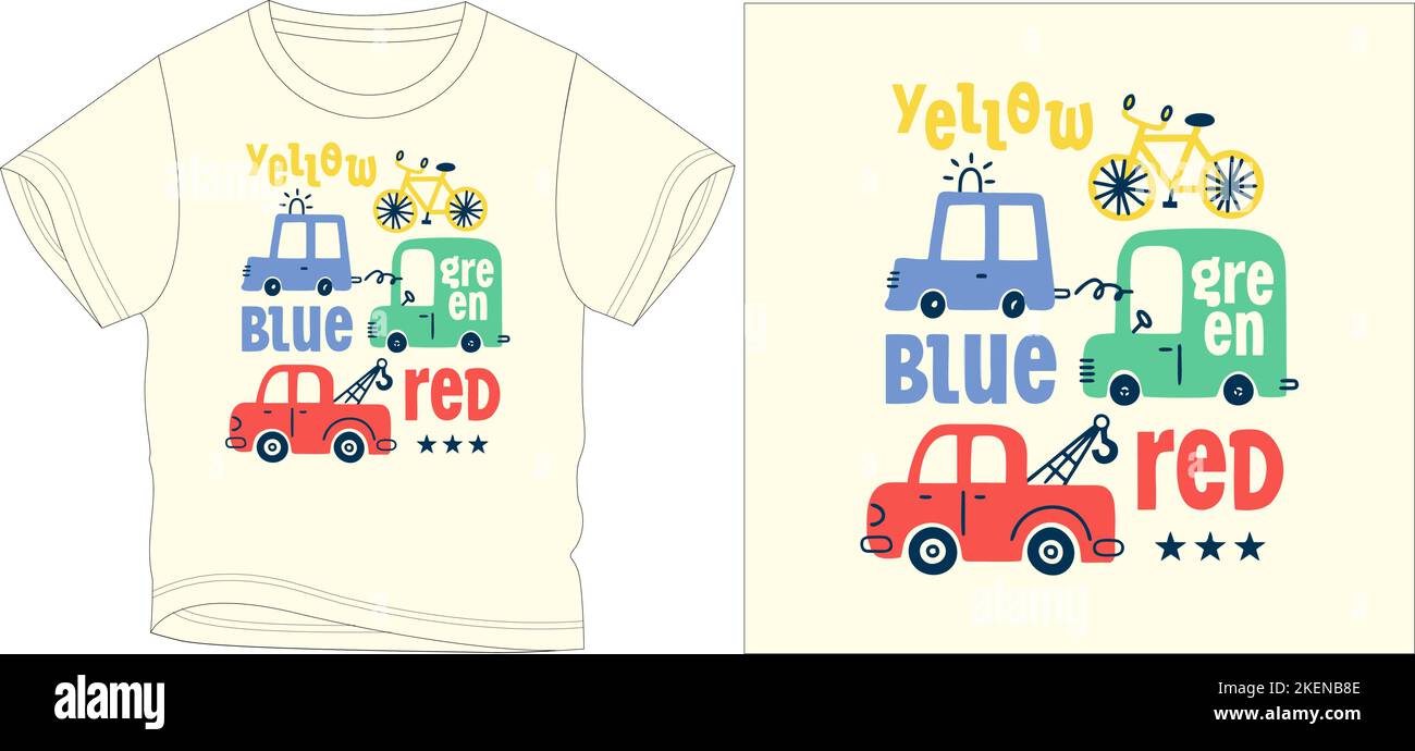 Gelb Zyklus blau Auto grün Bus rot crain T-Shirt Grafik Design Vektor Illustration digitale Datei T-Shirts, Grafik T-Shirt, T-Shirt Siebdruck, Kinder cl Stock Vektor