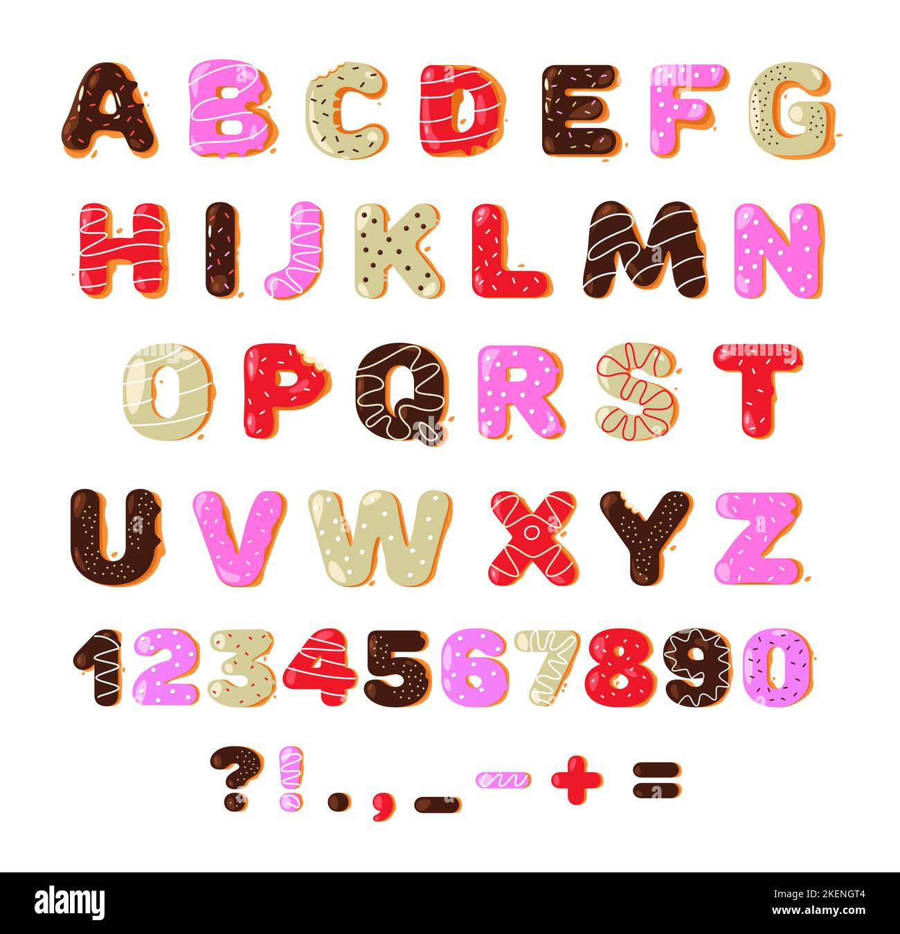 Donut-Schriftart. Bunte süße Donut Bäckerei Alphabet lateinische Buchstaben und Zahlen für die Dekoration, Cartoon Kinder Schrift niedlich glasierte Dessert. Vektor Stock Vektor