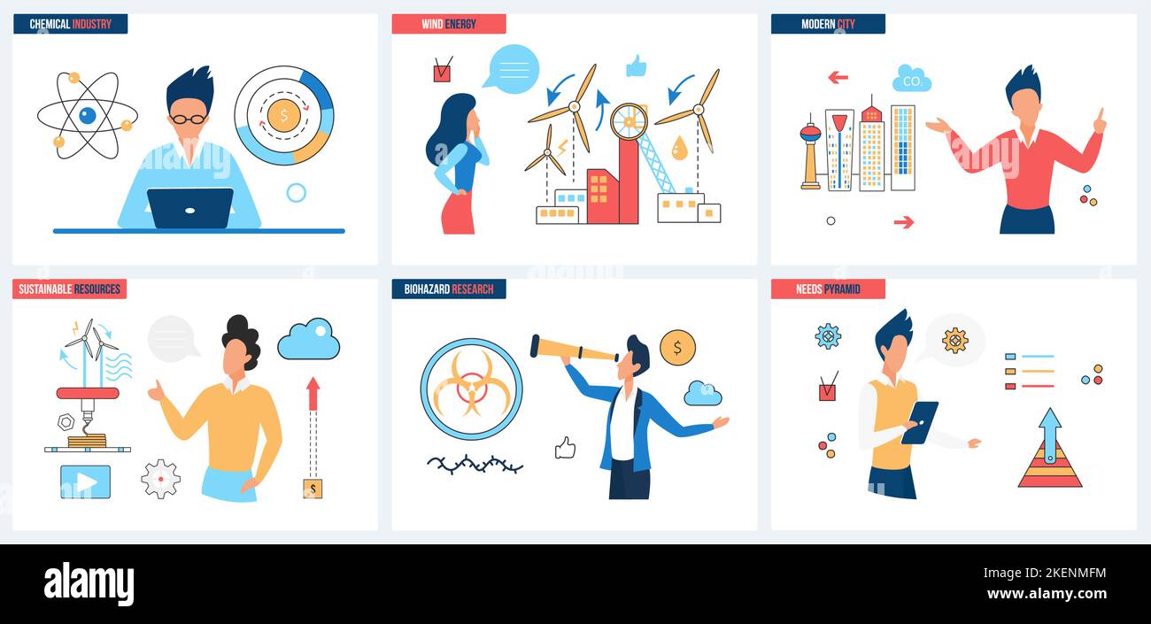 Chemische Industrie, Ökologie und erneuerbare nachhaltige Ressourcen der Natur Set Vektor-Illustration. Cartoon Tiny People arbeiten an der Erforschung des Energieverbrauchs der modernen Stadt, der Pyramide der Grundbedürfnisse Stock Vektor