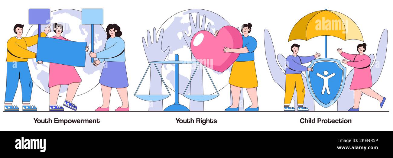 Ermächtigung und Rechte der Jugend, Kinderschutzkonzept mit Personen-Charakteren. Illustrationspaket zum Schutz der Rechte junger Menschen. Handeln, verbessern Stock Vektor