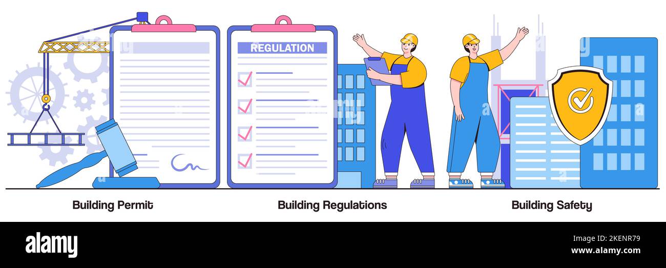 Baugenehmigungen, Vorschriften und Sicherheitskonzepte mit Personen-Charakteren. Illustrationspaket für Bauunternehmen. Auftragnehmer Service, Engineering PR Stock Vektor