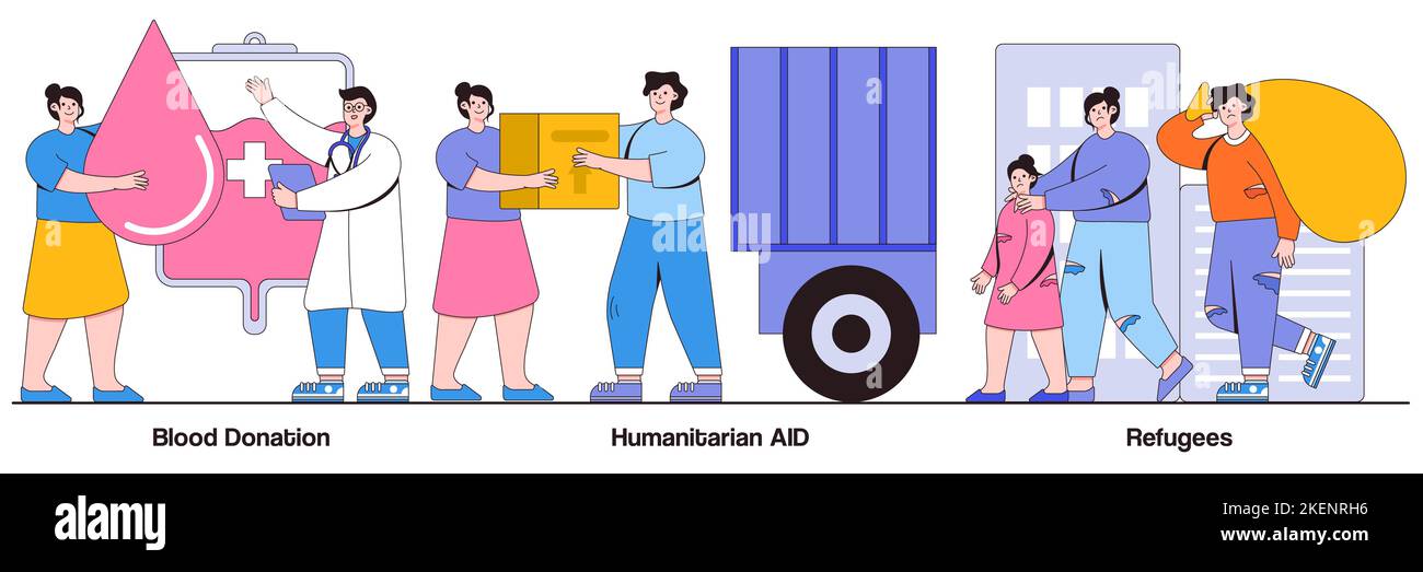 Blutspende, humanitäre Hilfe, Flüchtlingskonzept mit Menschen-Charakteren. Abstraktes Vektor-Illustrationspaket für freiwillige medizinische Helfer. Wohltätigkeitsakt Stock Vektor