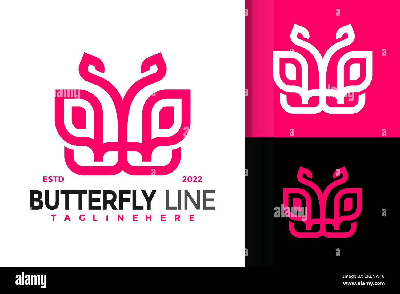 „A Butterfly Line Modern“-Logo, pinkfarbenes Markenlogo mit Slogan Stock Vektor