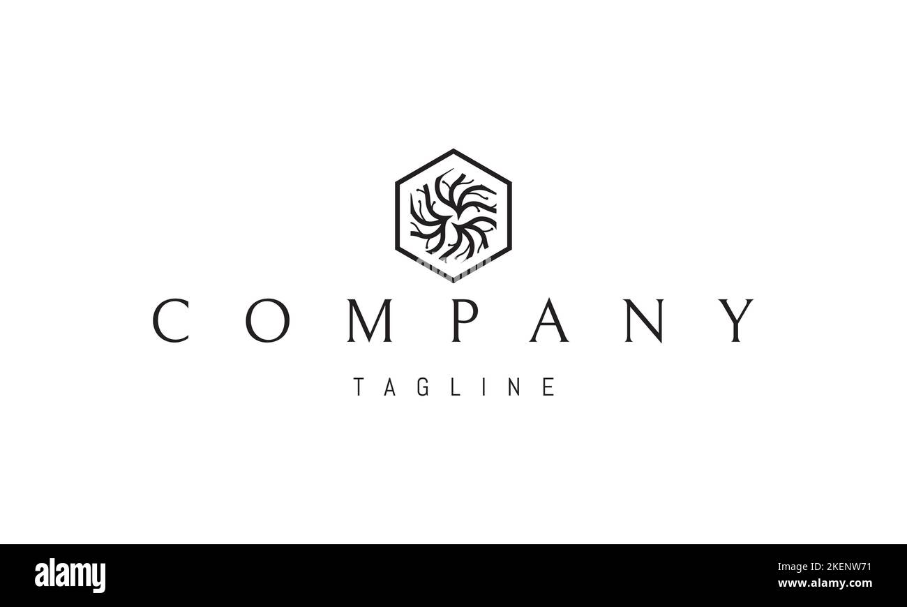 Vektor-Logo, auf dem ein abstraktes Bild eines Musters von Baumwurzeln in Form eines Sechsecks. Stock Vektor