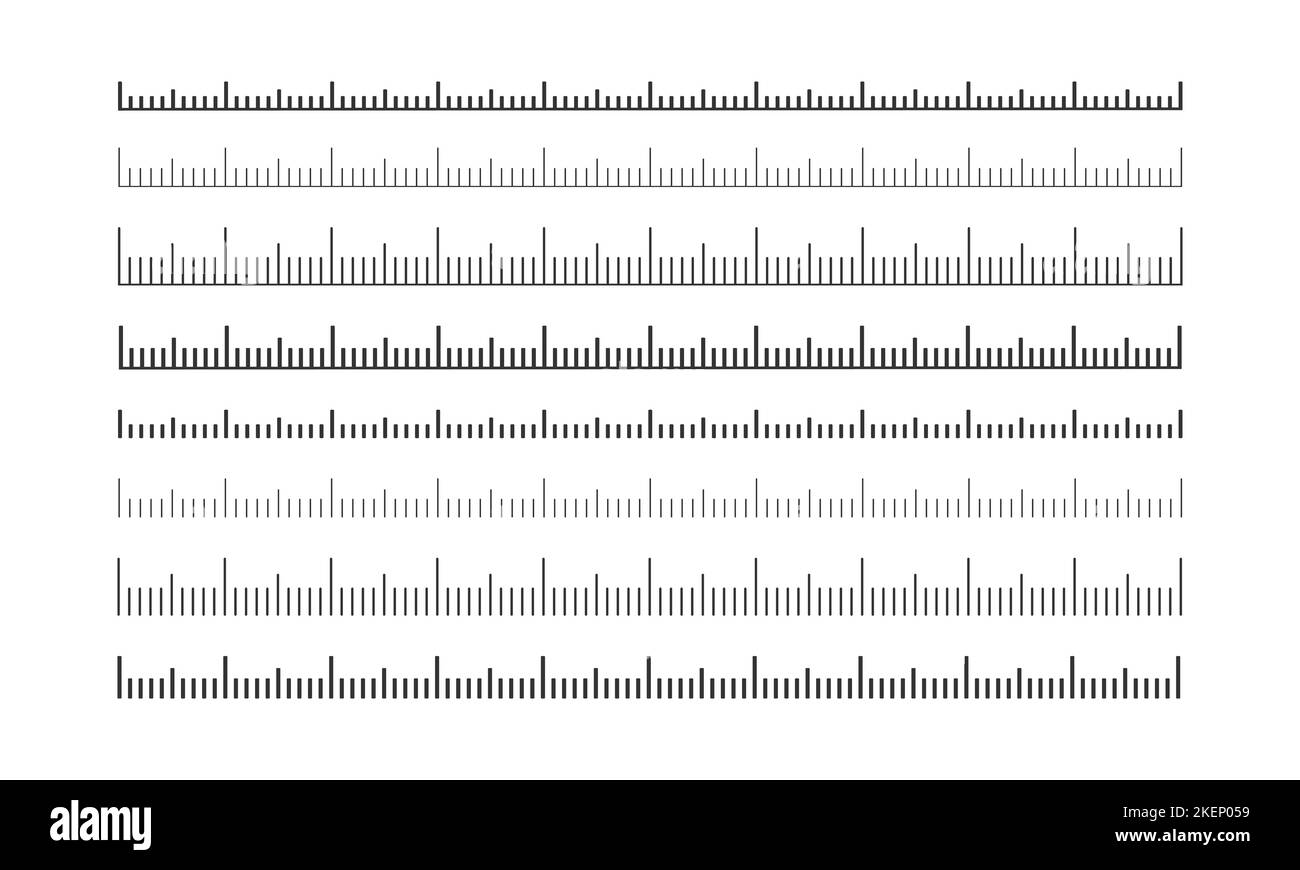 Satz von Lineal-, Band- oder Thermometerwaagen. Horizontales Messdiagramm mit Markup. Abstand, Höhe oder Länge Messung von mathematischen, Näh-, meteorologischen Werkzeugvorlagen. Vektorgrafik Stock Vektor