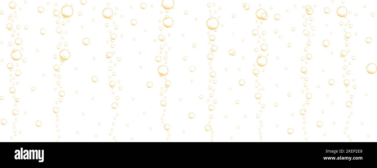 Golden schwebende Luftblasen Hintergrund. Kohlensäurehaltiges Getränk, kohlensäurehaltiges Wasser, Seltzer, Cola, Prosecco, Bier, Limonade, Champagnerstruktur. Vektor-realistische Darstellung Stock Vektor